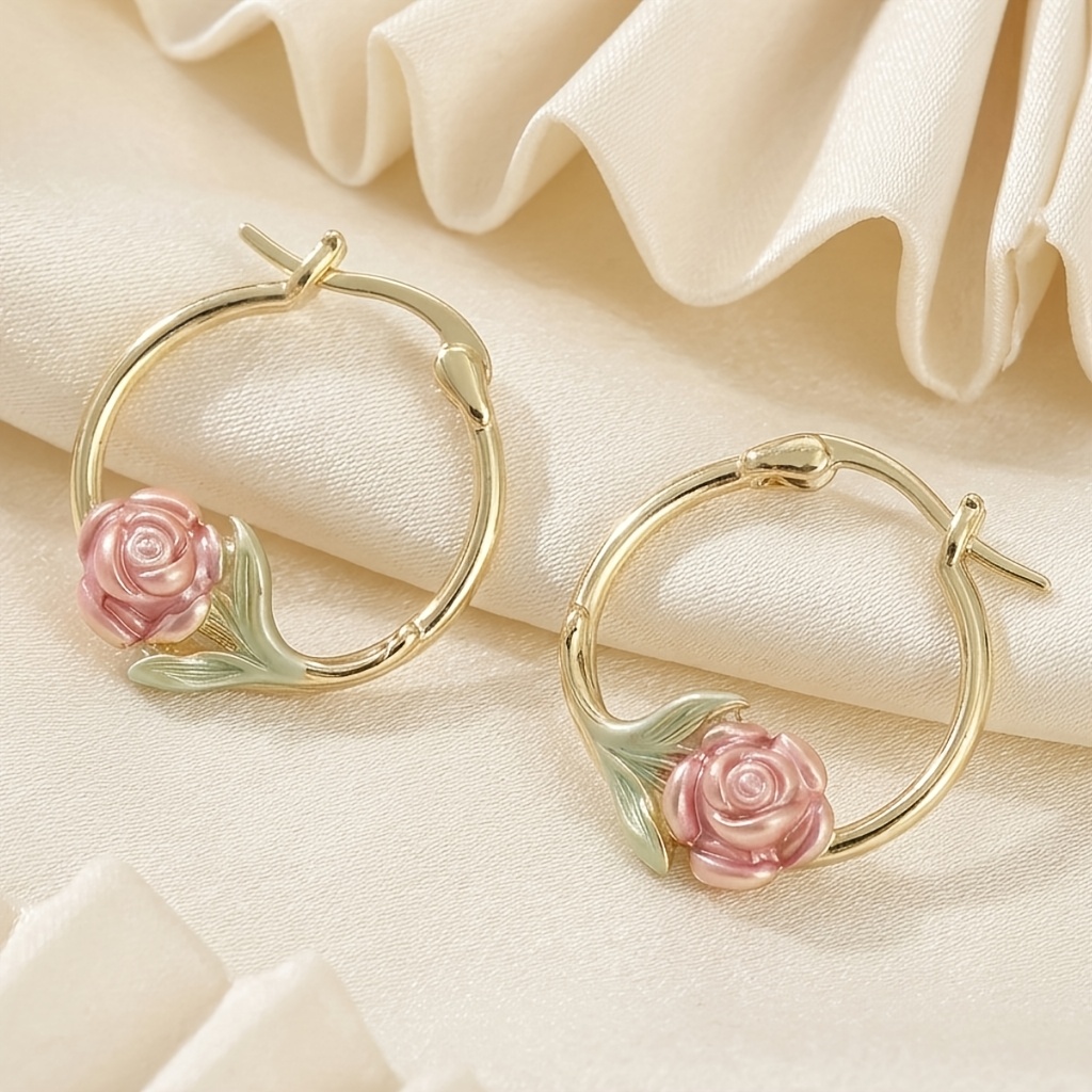 Women's Two-Tone Rose Flower Hoop Earrings, Romantic Design